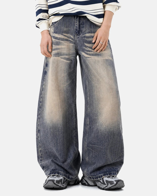 Omygoods Bamboo Weave Dirty Wash Barrel Jeans