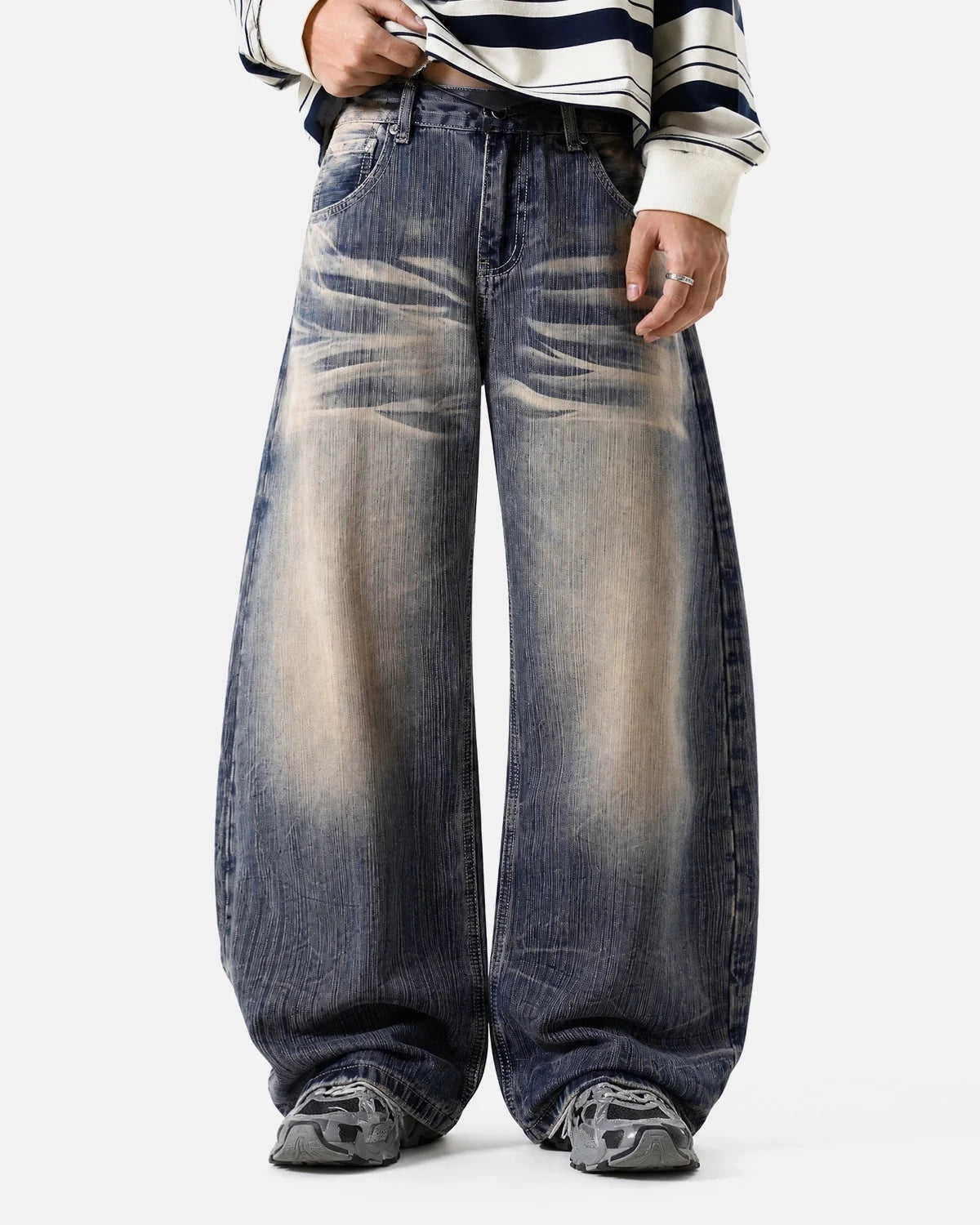 Omygoods Bamboo Weave Dirty Wash Barrel Jeans