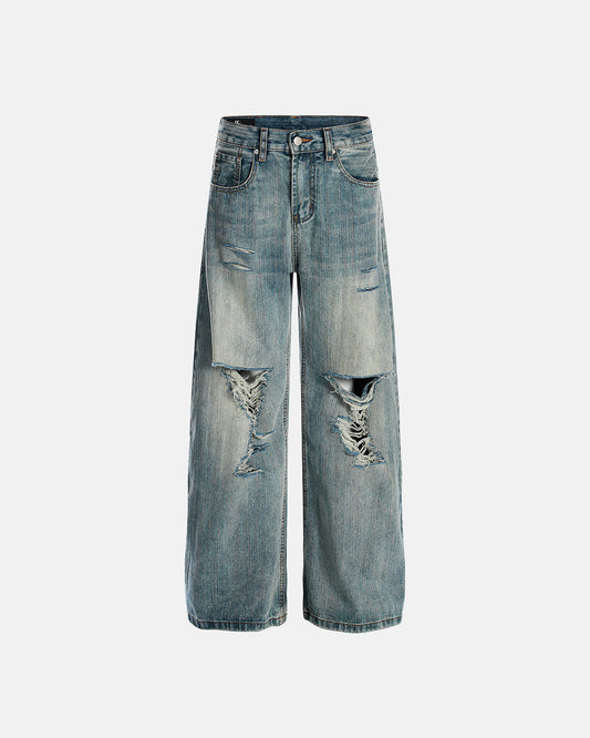 Omygoods Bamboo Weave Distressed Baggy Jeans