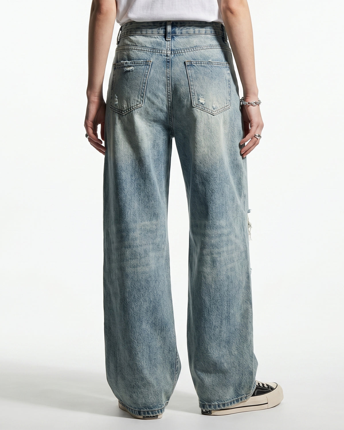 Omygoods Bamboo Weave Distressed Baggy Jeans