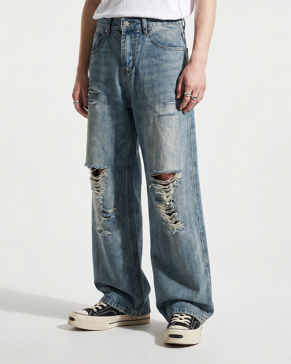 Omygoods Bamboo Weave Distressed Baggy Jeans