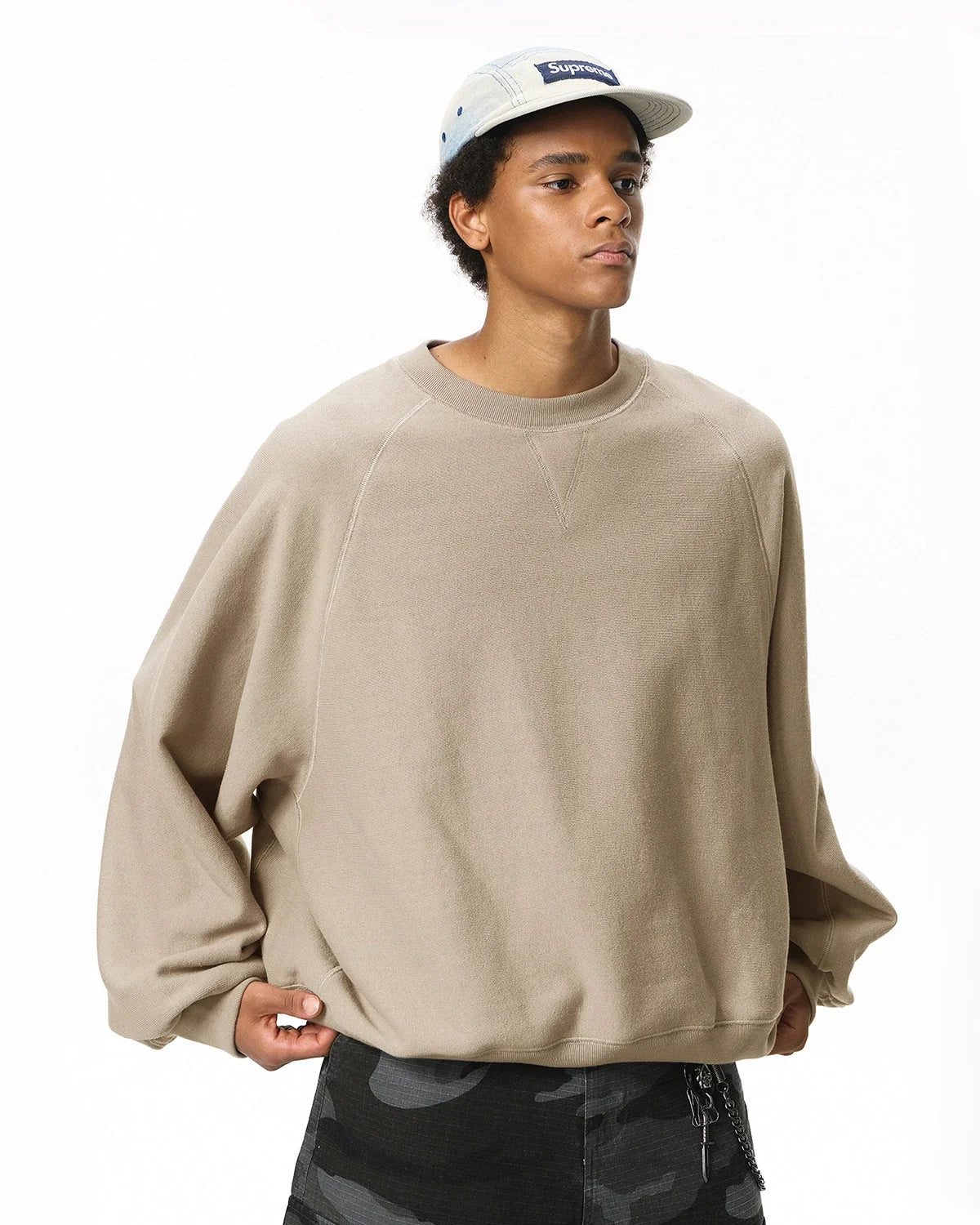Omygoods Batwing Sleeve Fleece Crewneck Sweatshirt