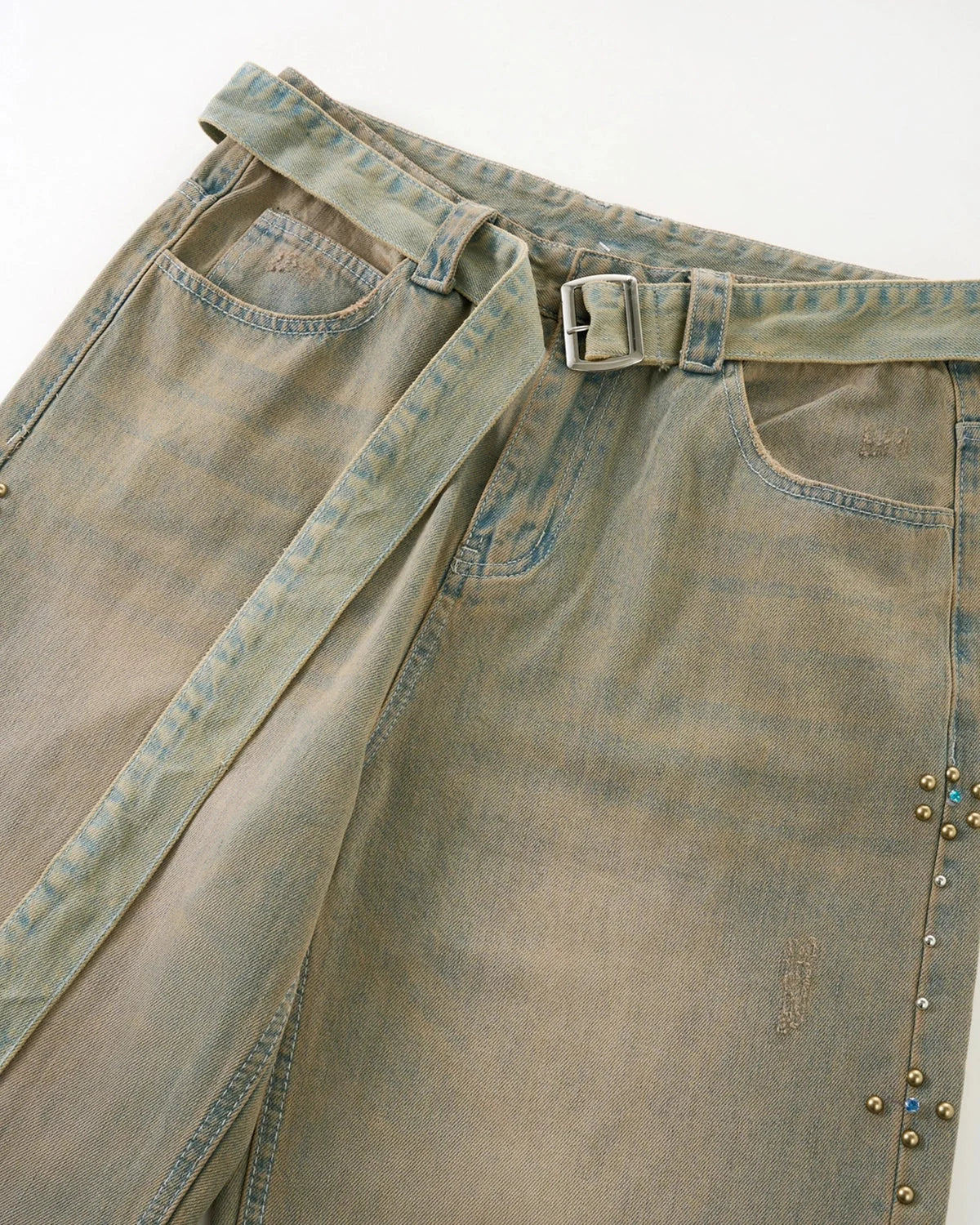 Omygoods Beaded Studded Washed Baggy Jeans