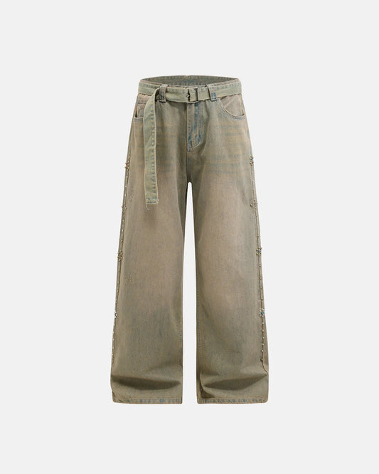 Omygoods Beaded Studded Washed Baggy Jeans