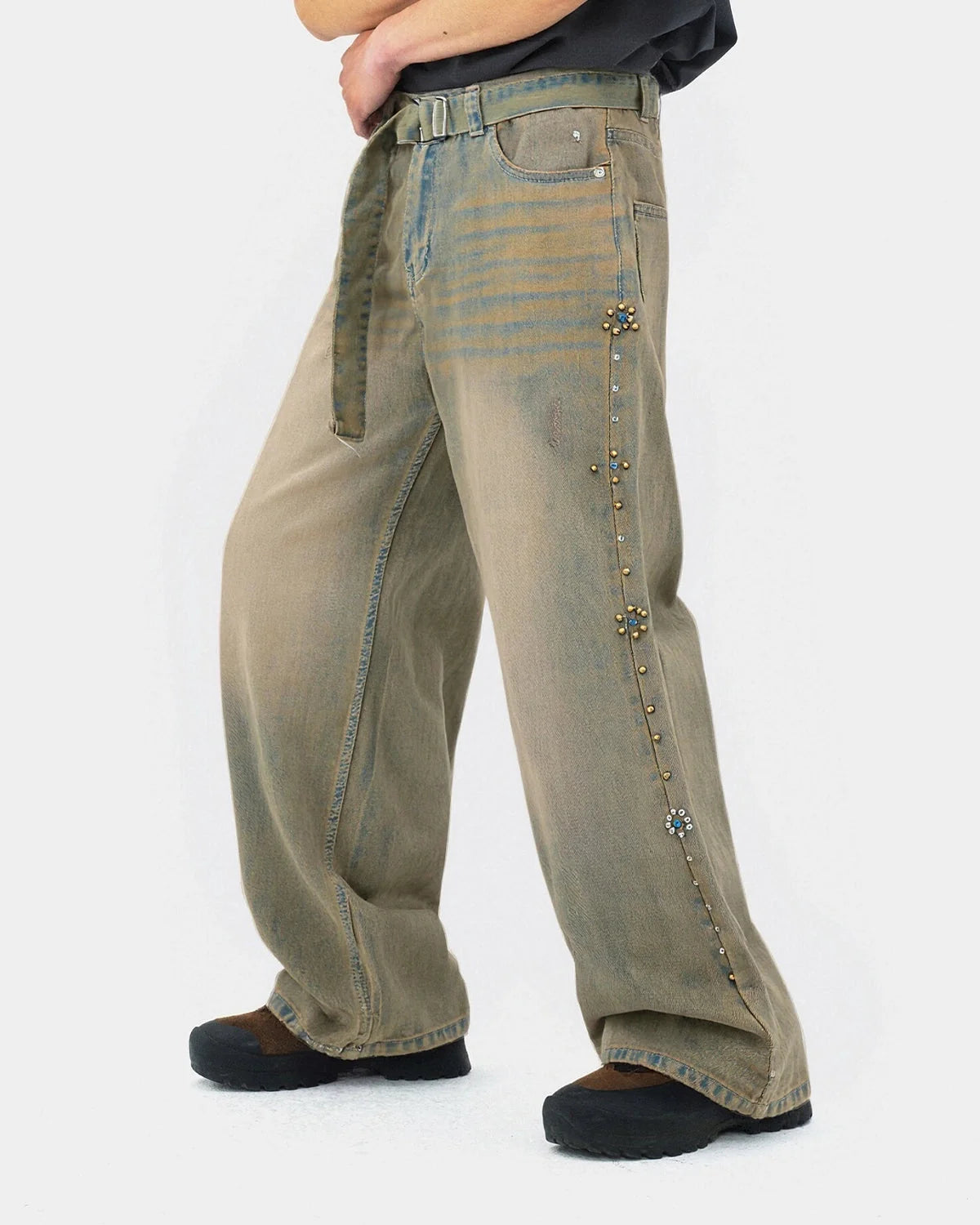 Omygoods Beaded Studded Washed Baggy Jeans
