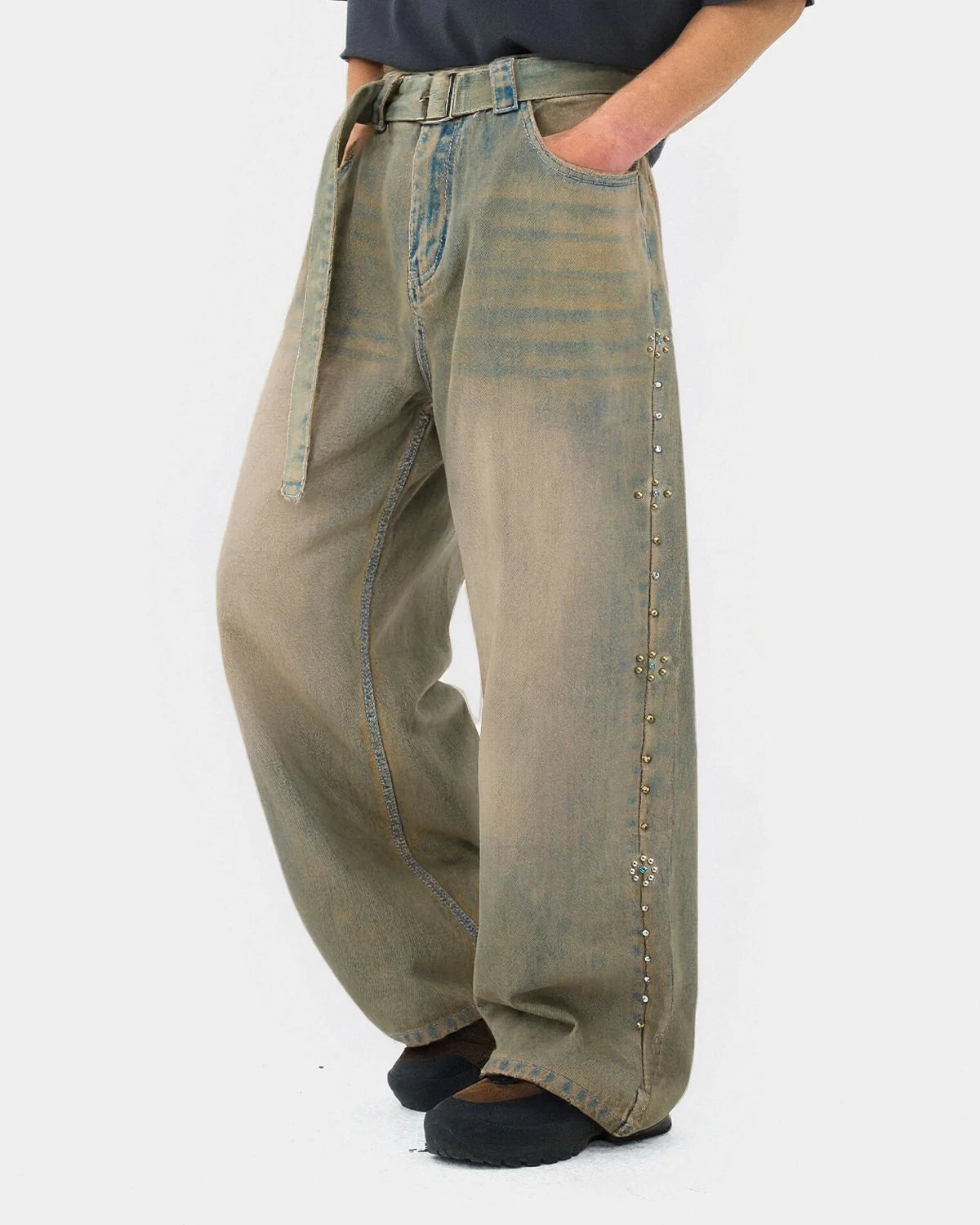 Omygoods Beaded Studded Washed Baggy Jeans