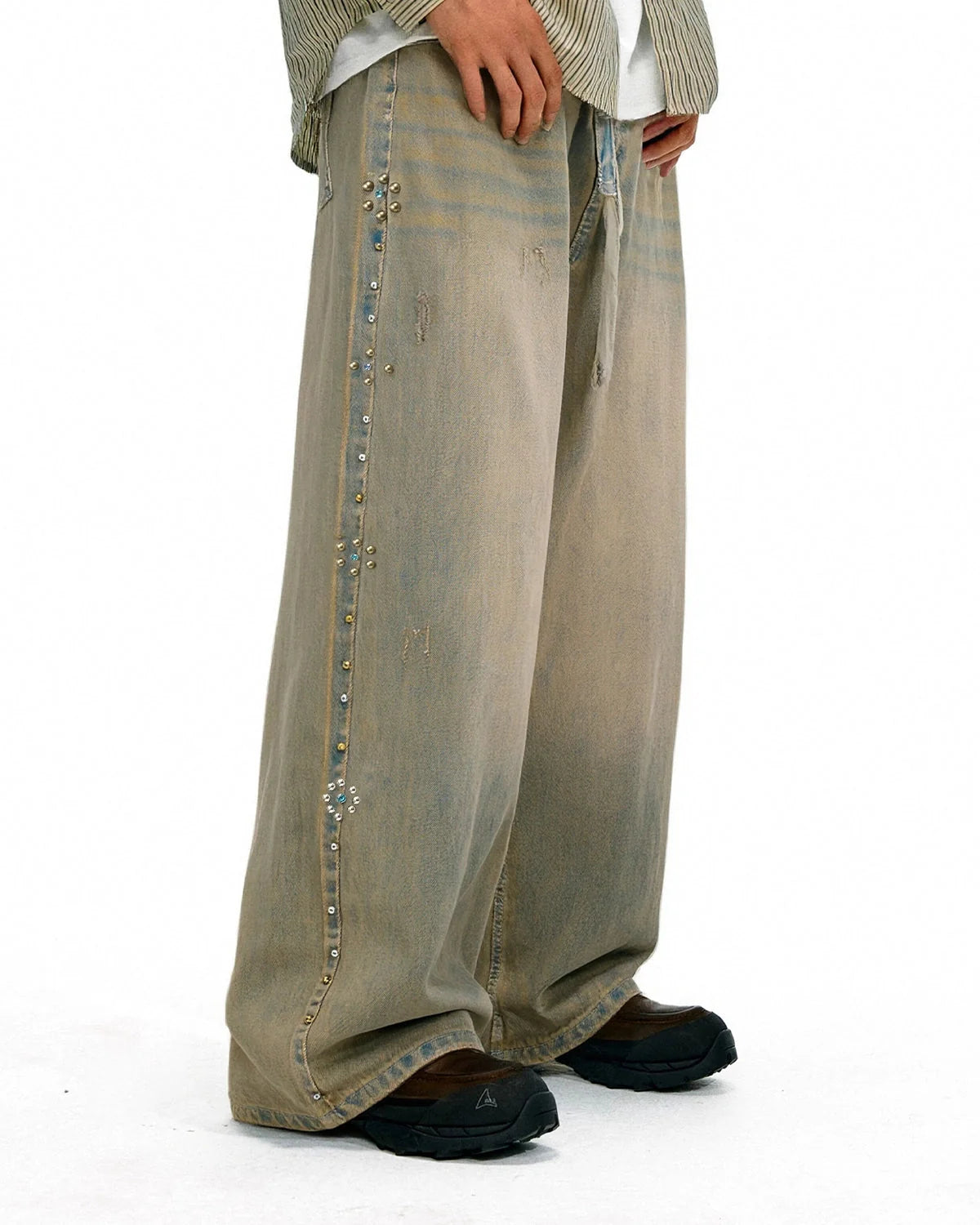 Omygoods Beaded Studded Washed Baggy Jeans