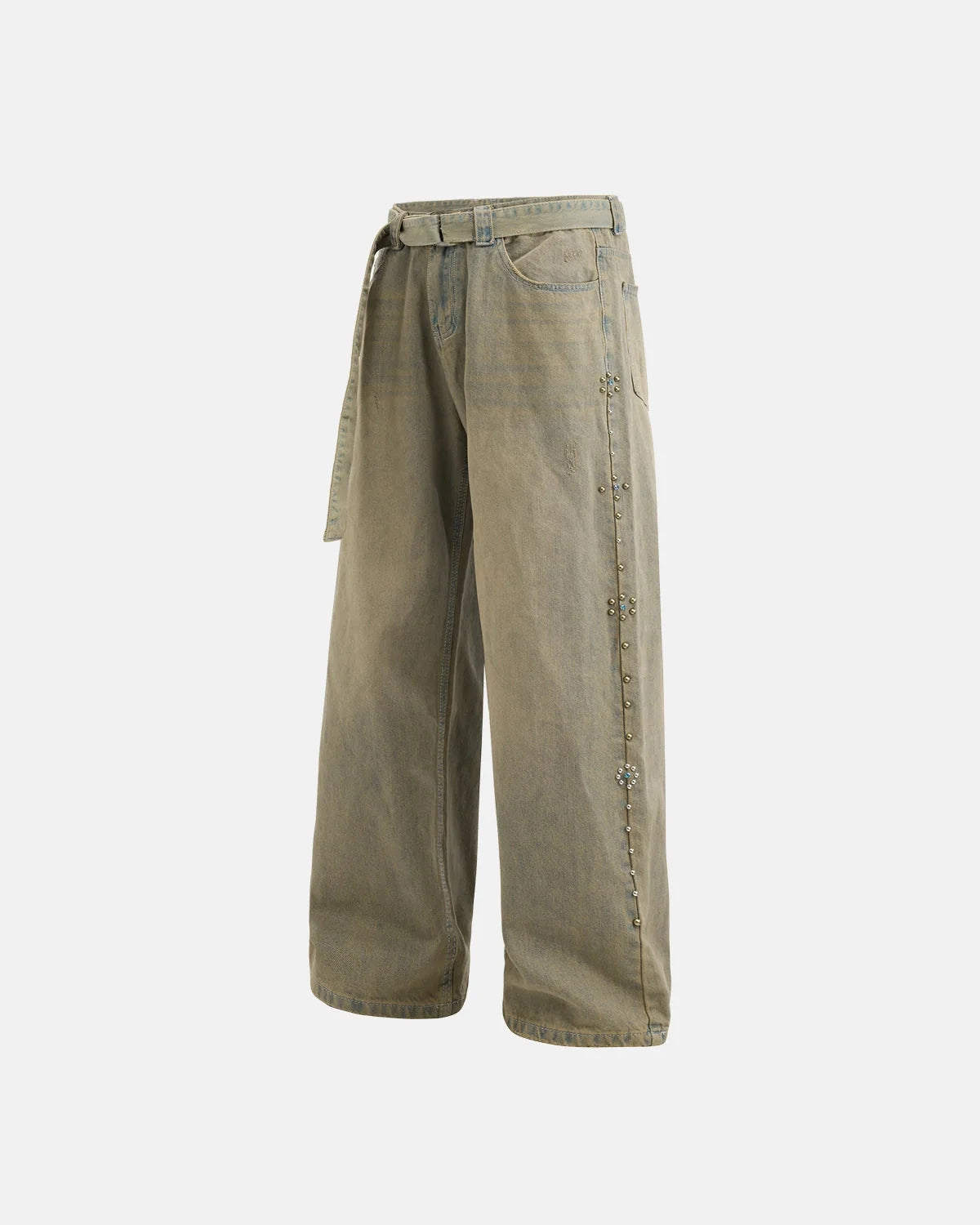 Omygoods Beaded Studded Washed Baggy Jeans
