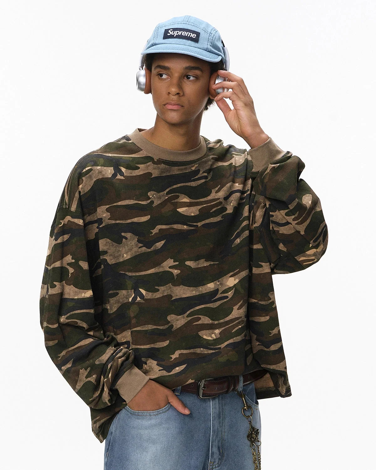 Omygoods Boxy Camo Tee In Khaki