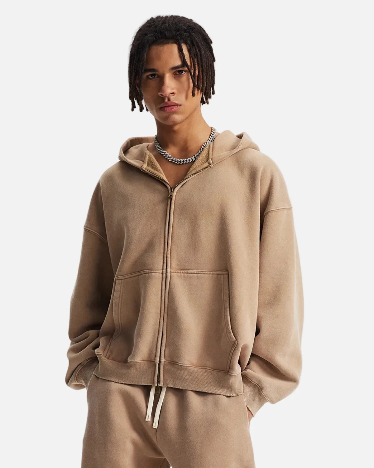 Omygoods Boxy Fit Acid Washed Fleece Zip Up Hoodie