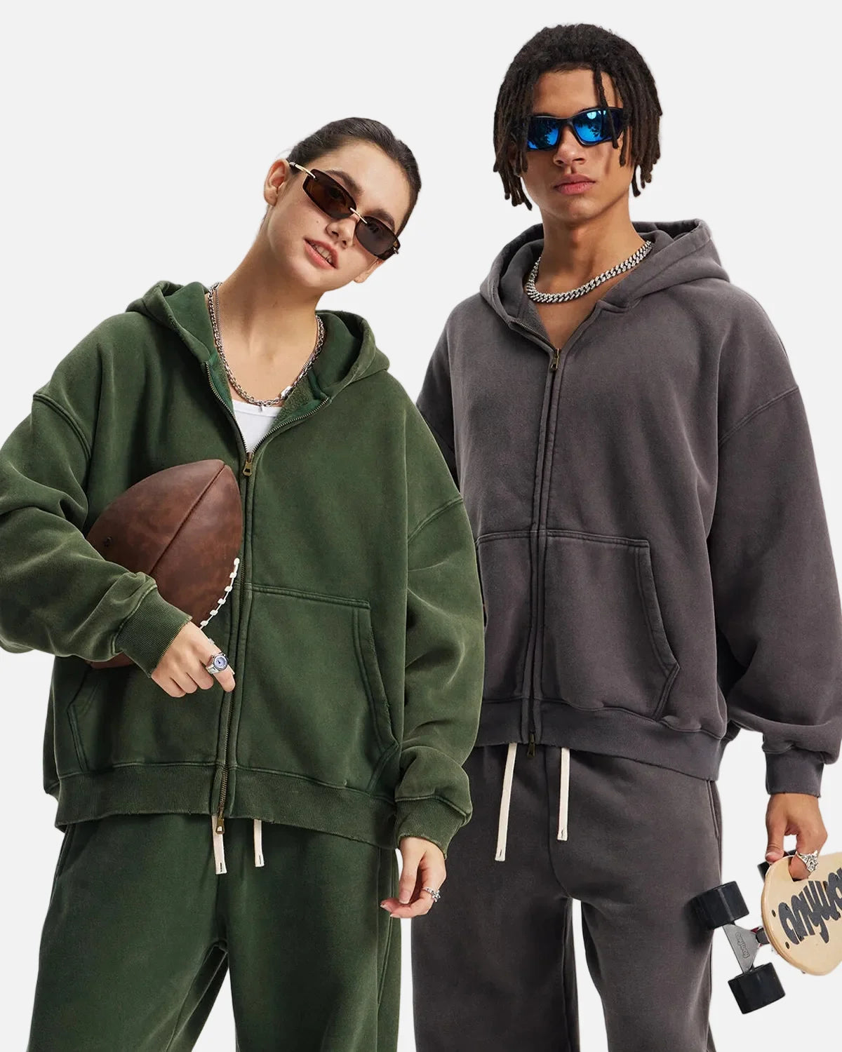 Omygoods Boxy Fit Acid Washed Fleece Zip Up Hoodie