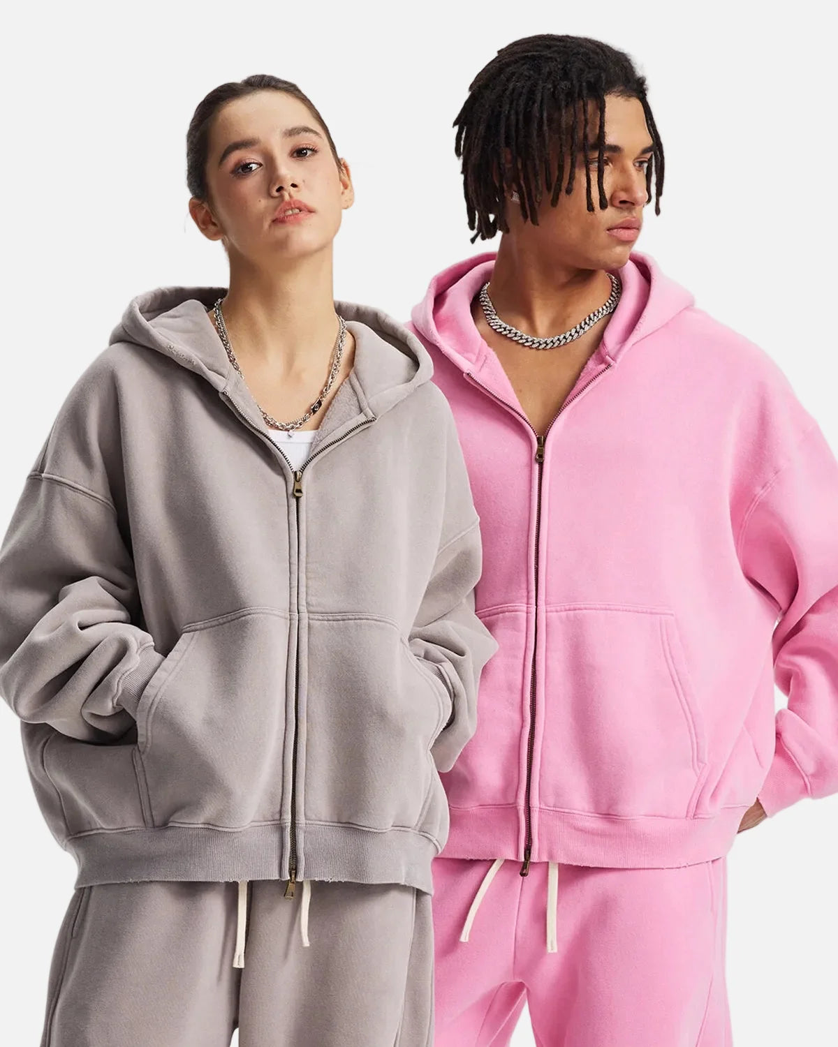 Omygoods Boxy Fit Acid Washed Fleece Zip Up Hoodie