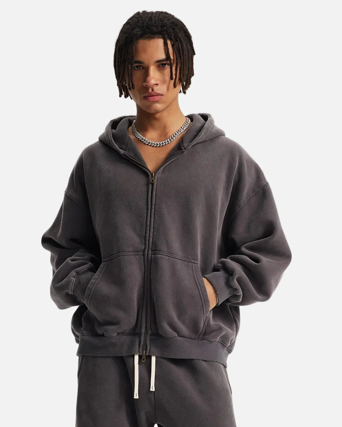 Omygoods Boxy Fit Acid Washed Fleece Zip Up Hoodie