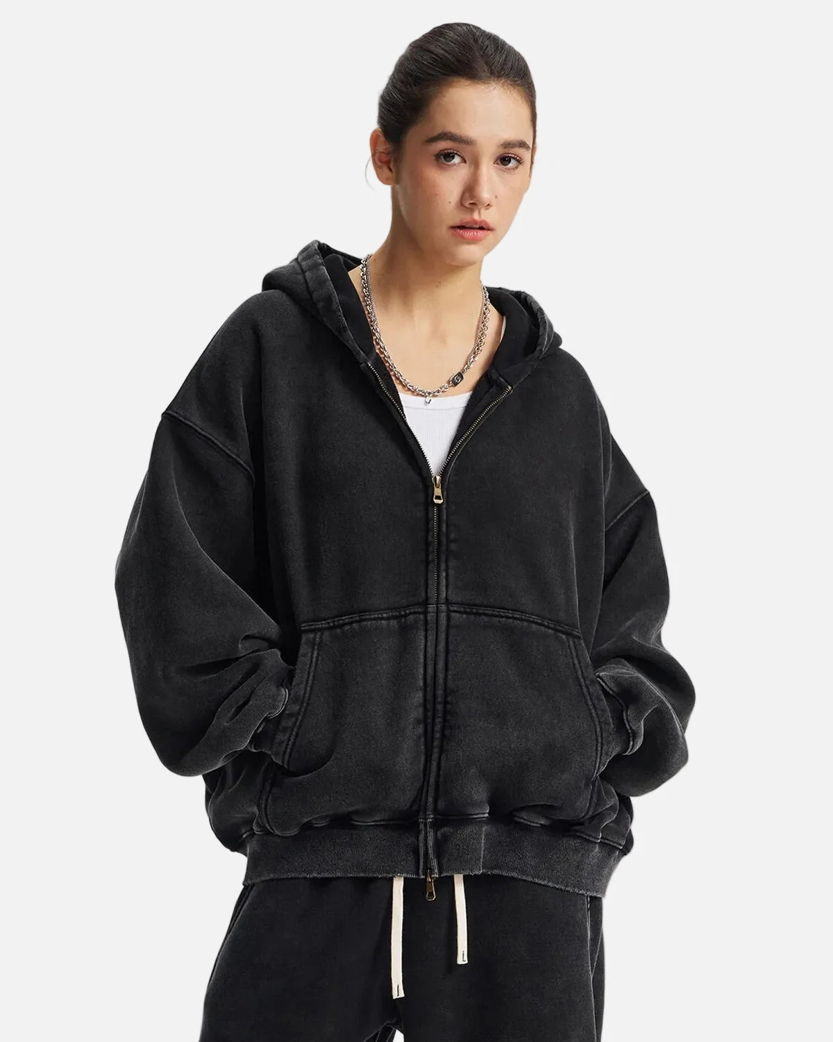 Omygoods Boxy Fit Acid Washed Fleece Zip Up Hoodie