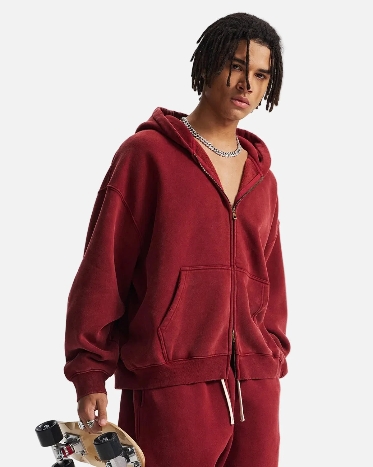 Omygoods Boxy Fit Acid Washed Fleece Zip Up Hoodie