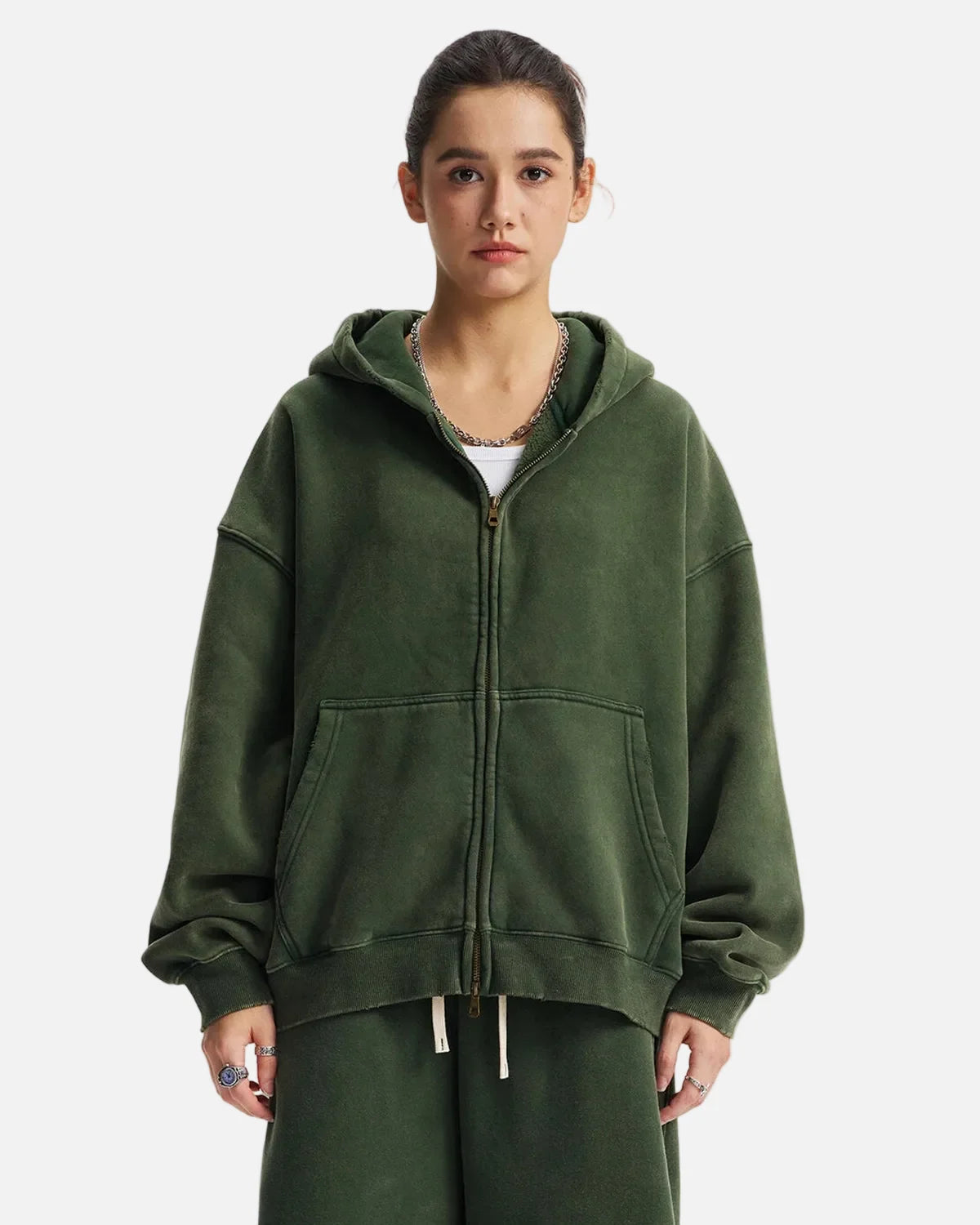 Omygoods Boxy Fit Acid Washed Fleece Zip Up Hoodie