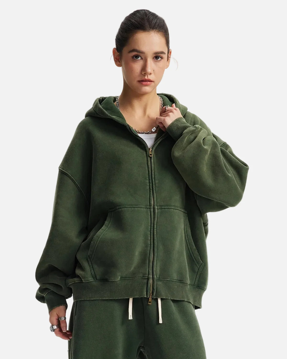 Omygoods Boxy Fit Acid Washed Fleece Zip Up Hoodie