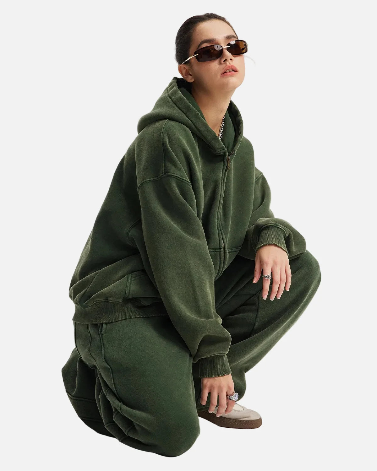 Omygoods Boxy Fit Acid Washed Fleece Zip Up Hoodie