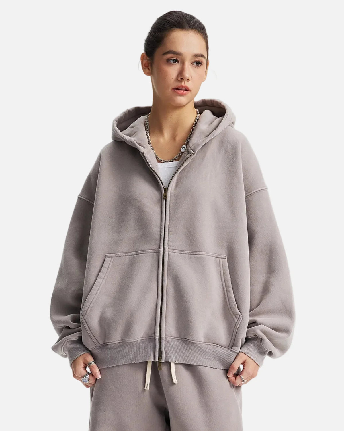 Omygoods Boxy Fit Acid Washed Fleece Zip Up Hoodie