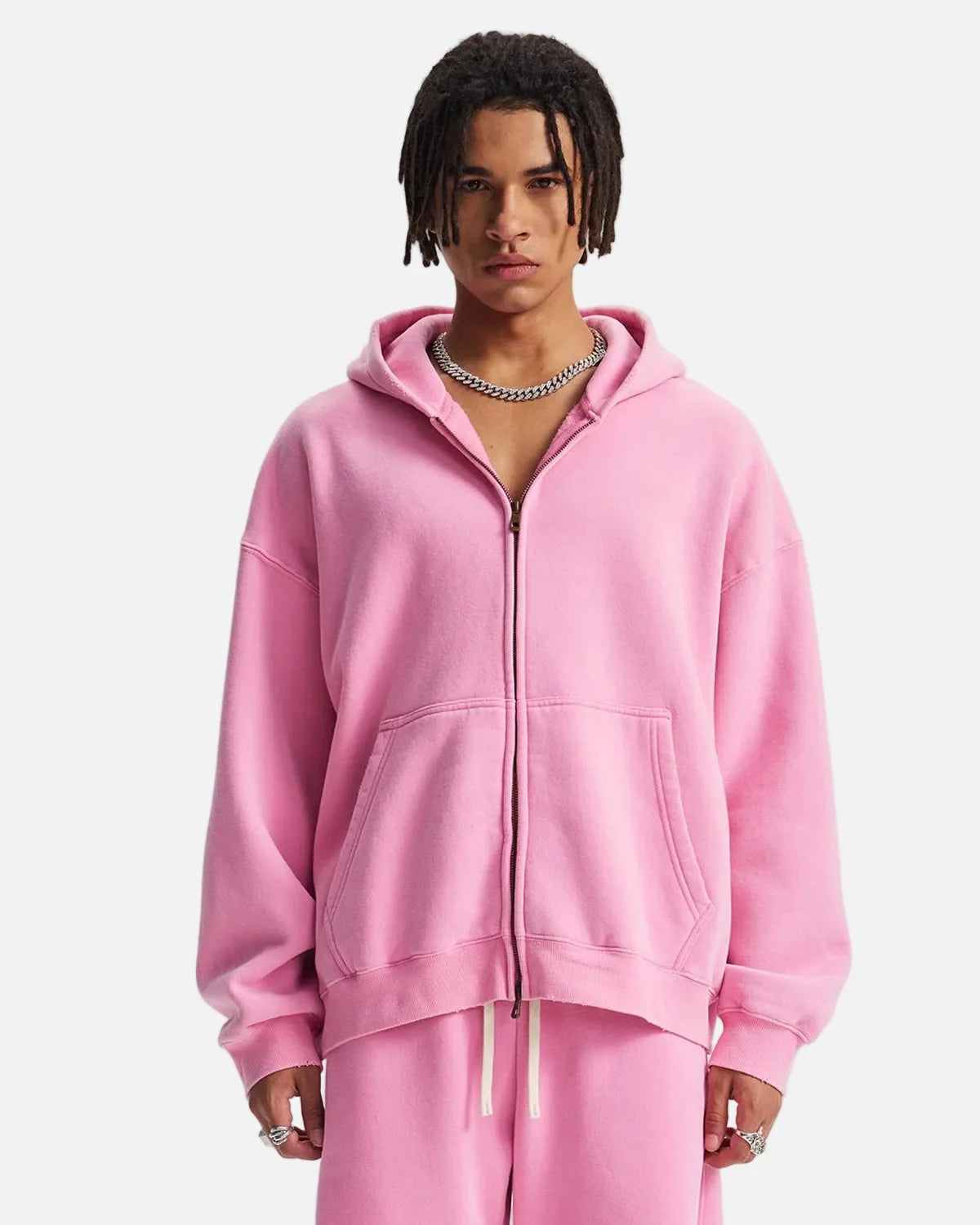 Omygoods Boxy Fit Acid Washed Fleece Zip Up Hoodie