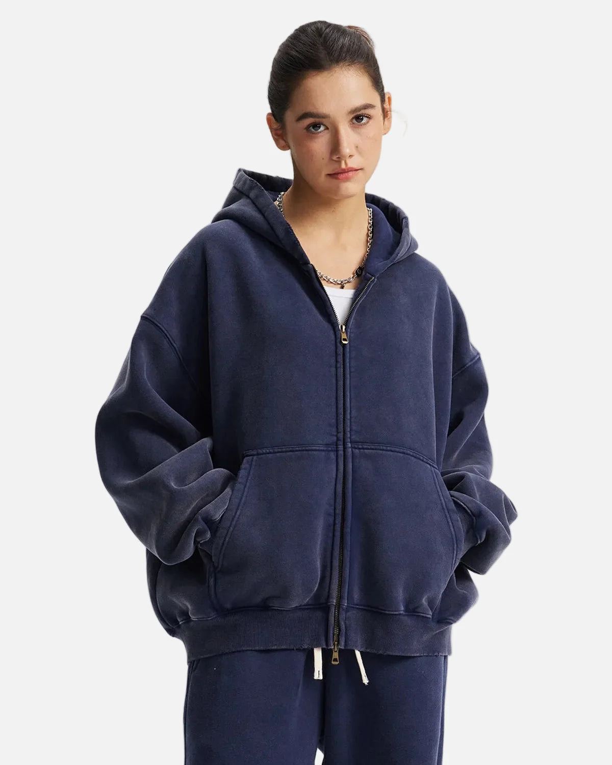 Omygoods Boxy Fit Acid Washed Fleece Zip Up Hoodie
