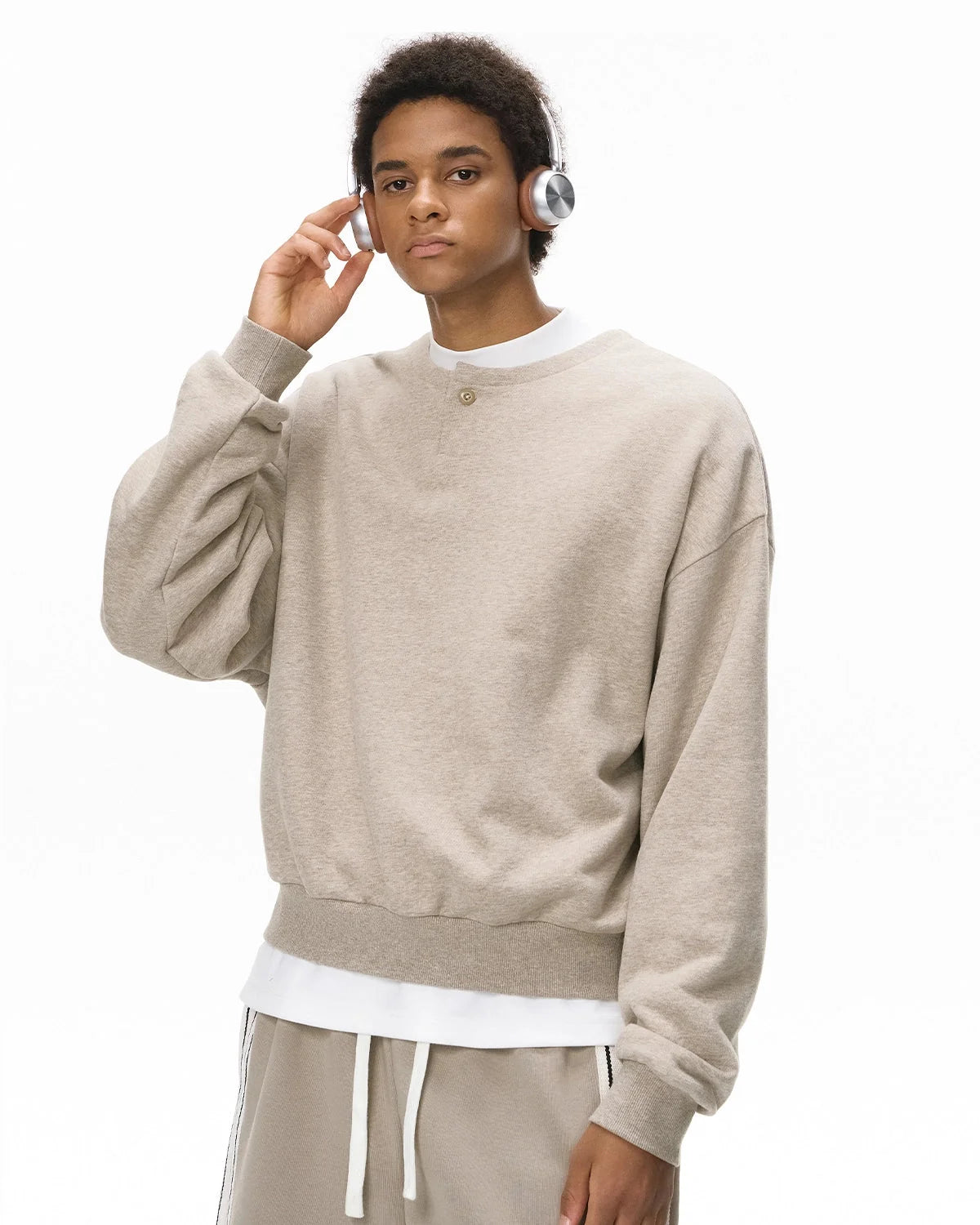 Omygoods Boxy Fit Henley Collar Sweatshirt