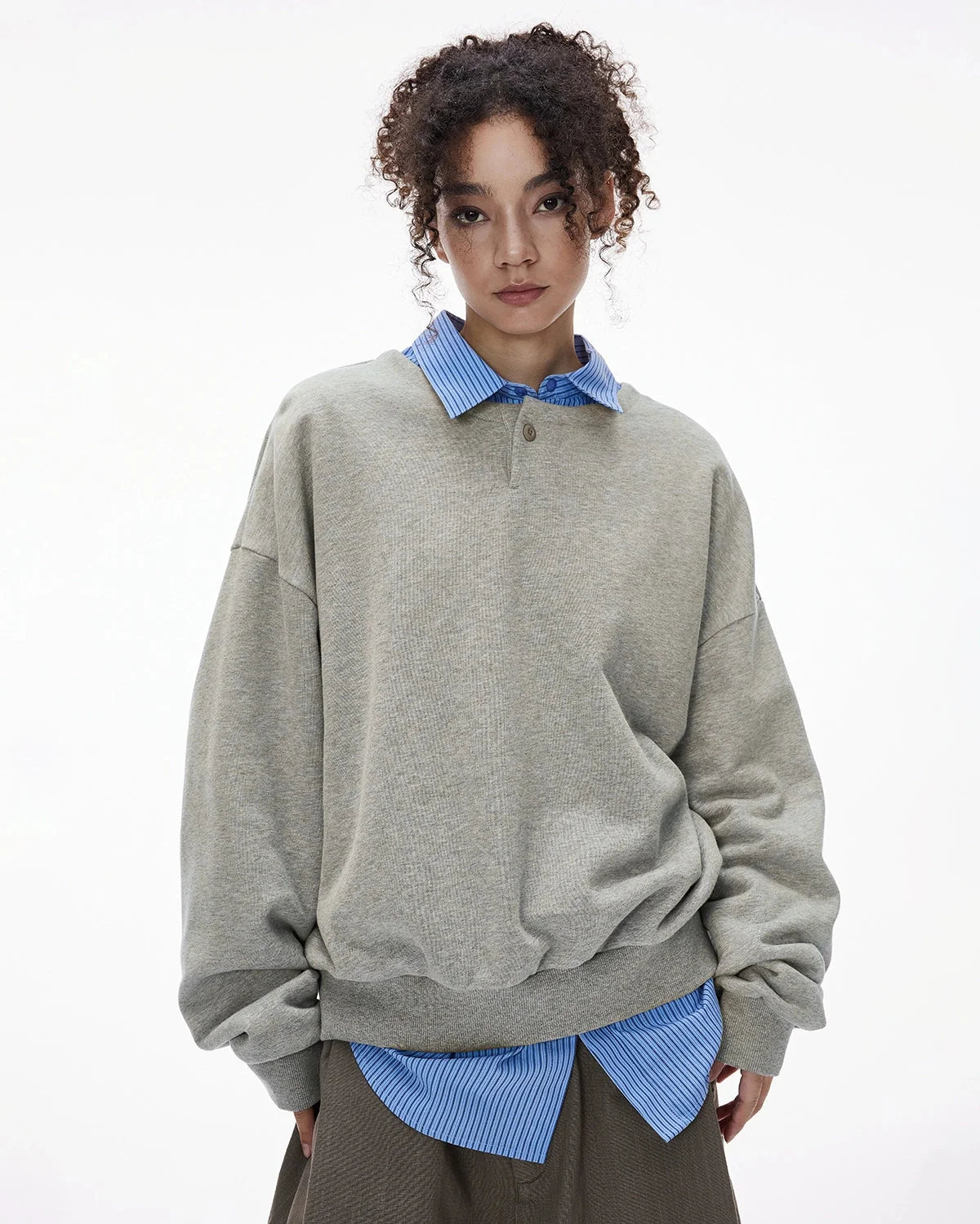 Omygoods Boxy Fit Henley Collar Sweatshirt