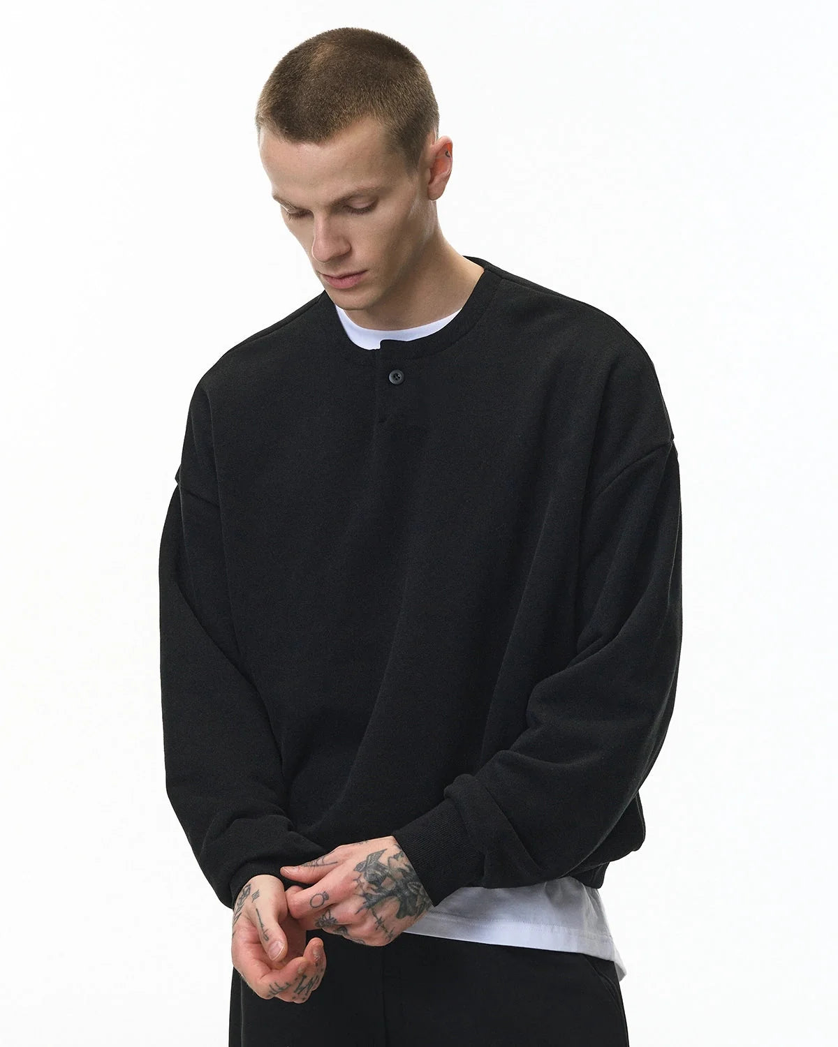 Omygoods Boxy Fit Henley Collar Sweatshirt