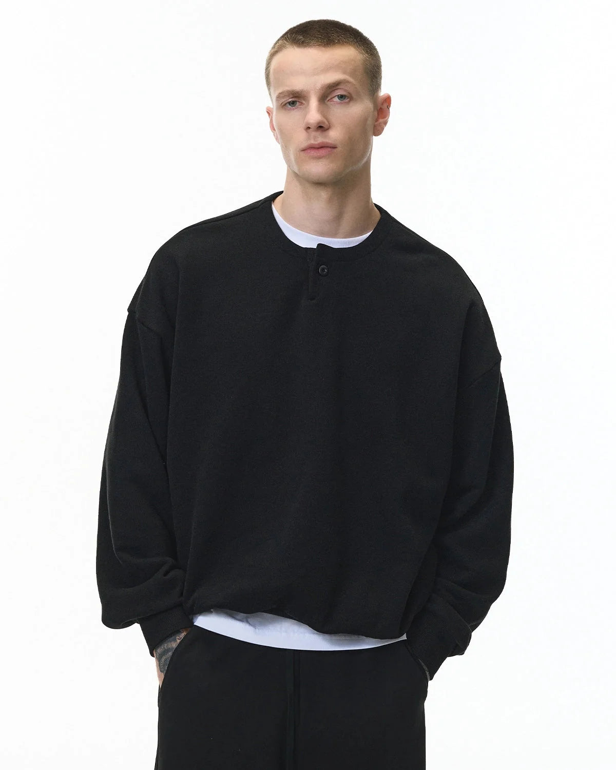 Omygoods Boxy Fit Henley Collar Sweatshirt