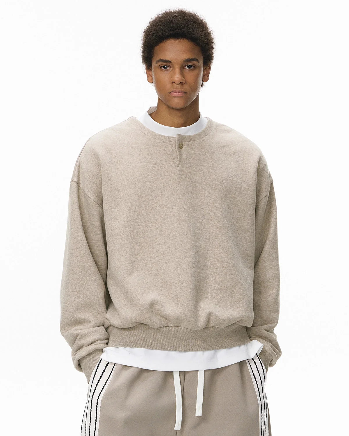 Omygoods Boxy Fit Henley Collar Sweatshirt