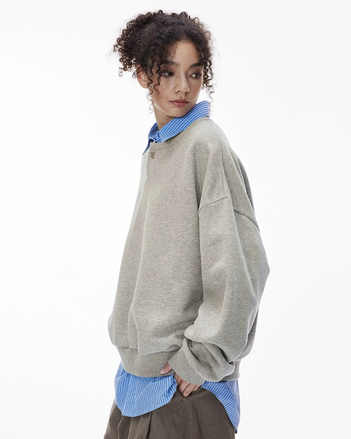 Omygoods Boxy Fit Henley Collar Sweatshirt