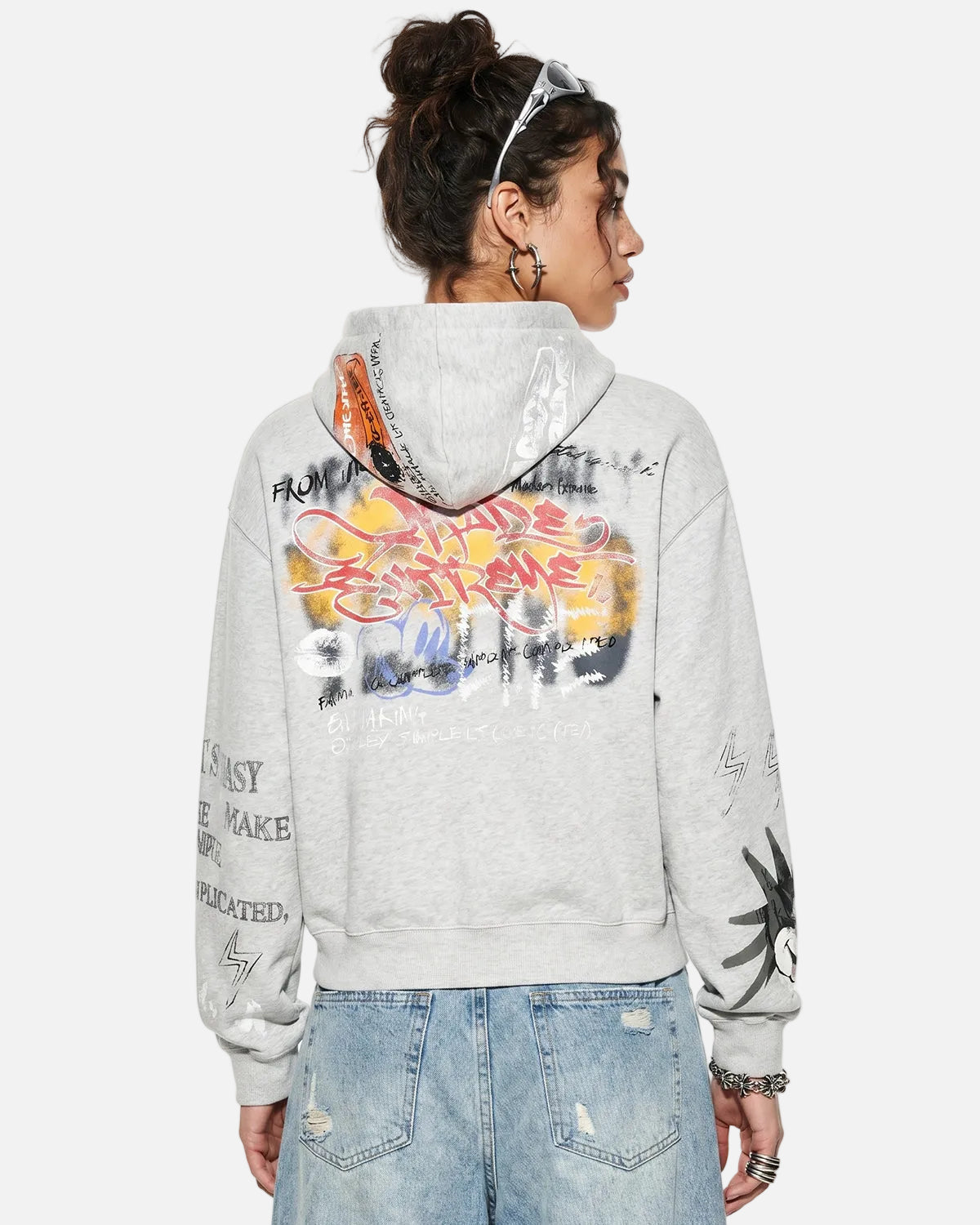 Omygoods Boxy Graffiti Zip Up Hoodie