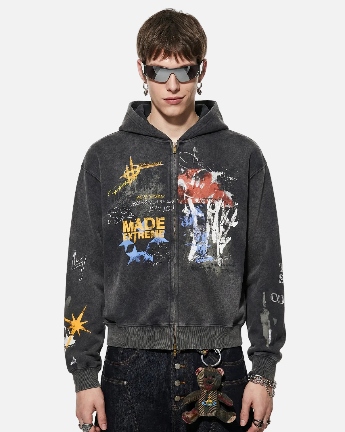 Omygoods Boxy Graffiti Zip Up Hoodie