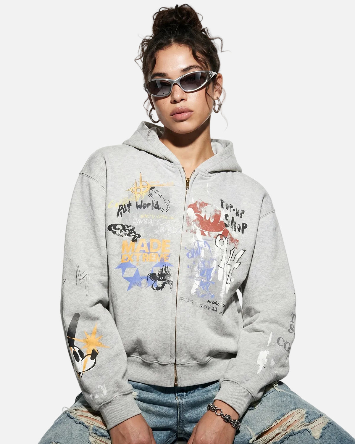 Omygoods Boxy Graffiti Zip Up Hoodie