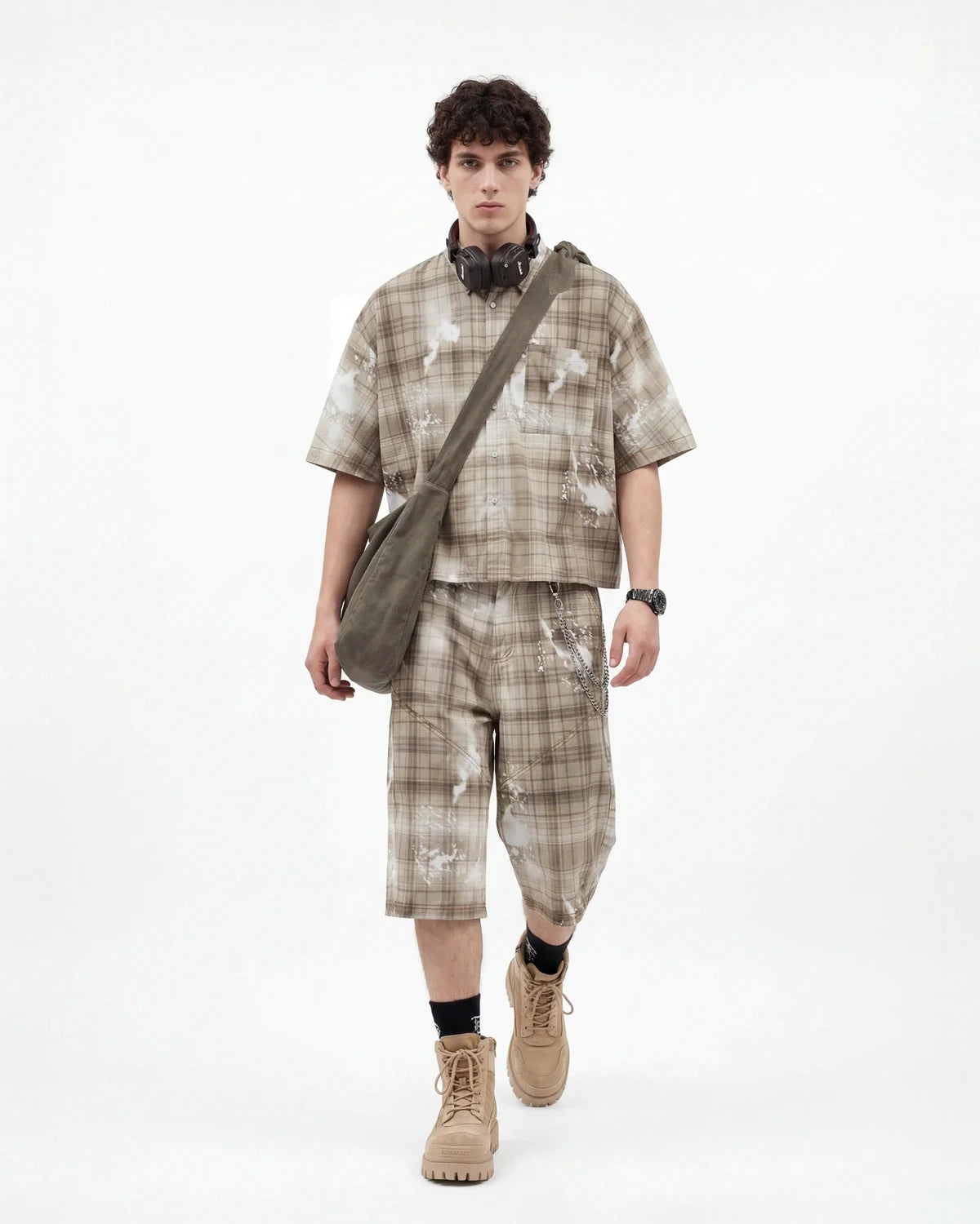 Omygoods Boxy Tencel Washed Plaid Print Shirt