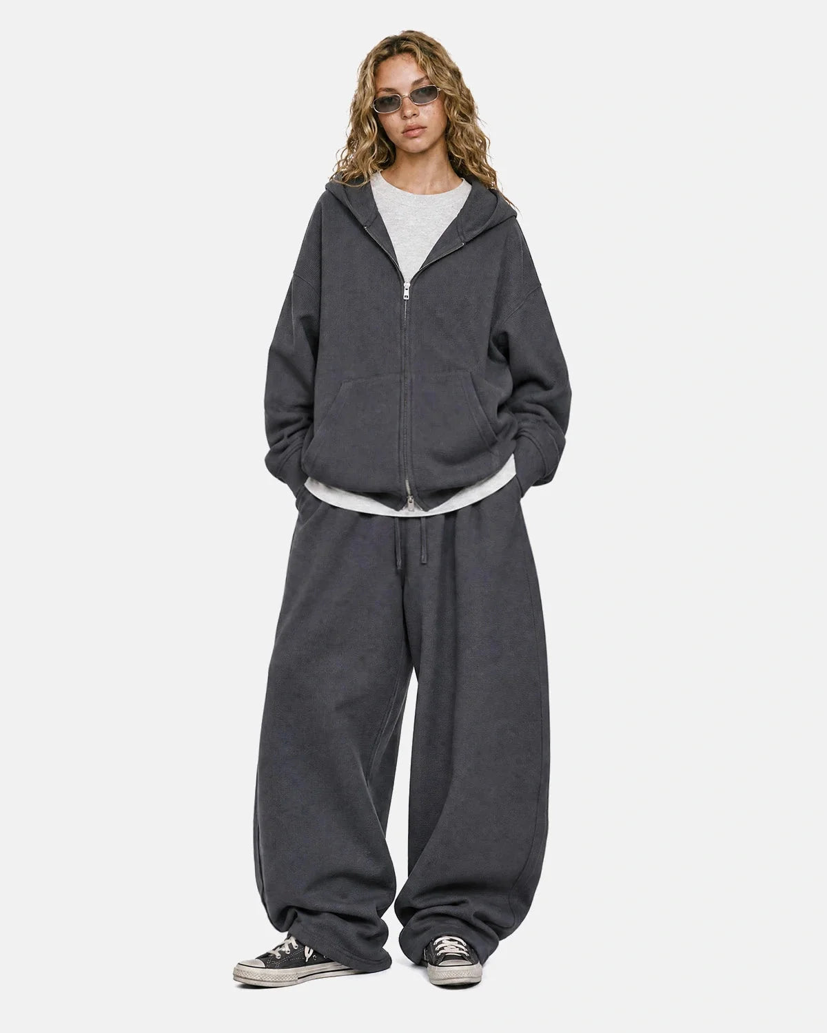 Omygoods Waffle Knit Boxy Zip Up Hoodie