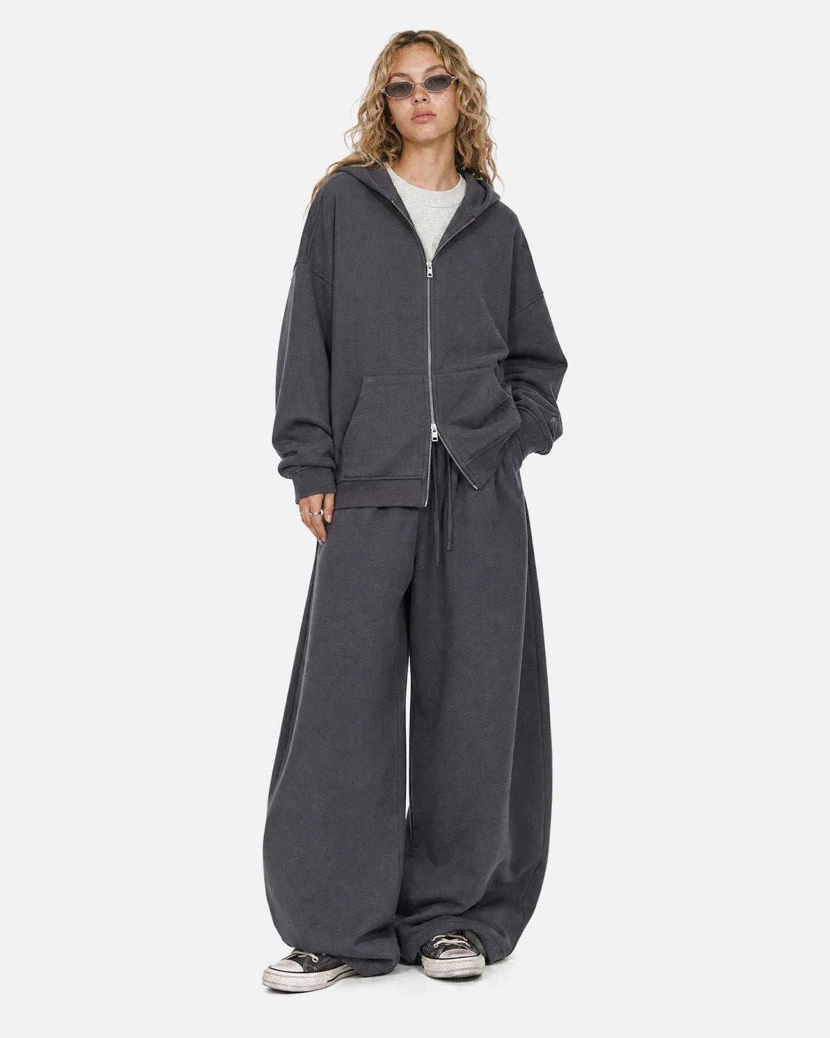 Omygoods Waffle Knit Boxy Zip Up Hoodie