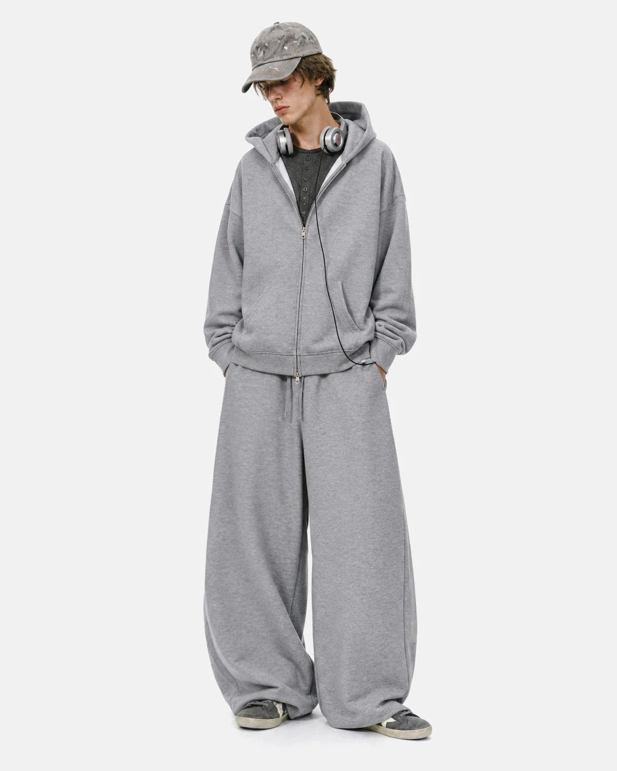 Omygoods Waffle Knit Boxy Zip Up Hoodie