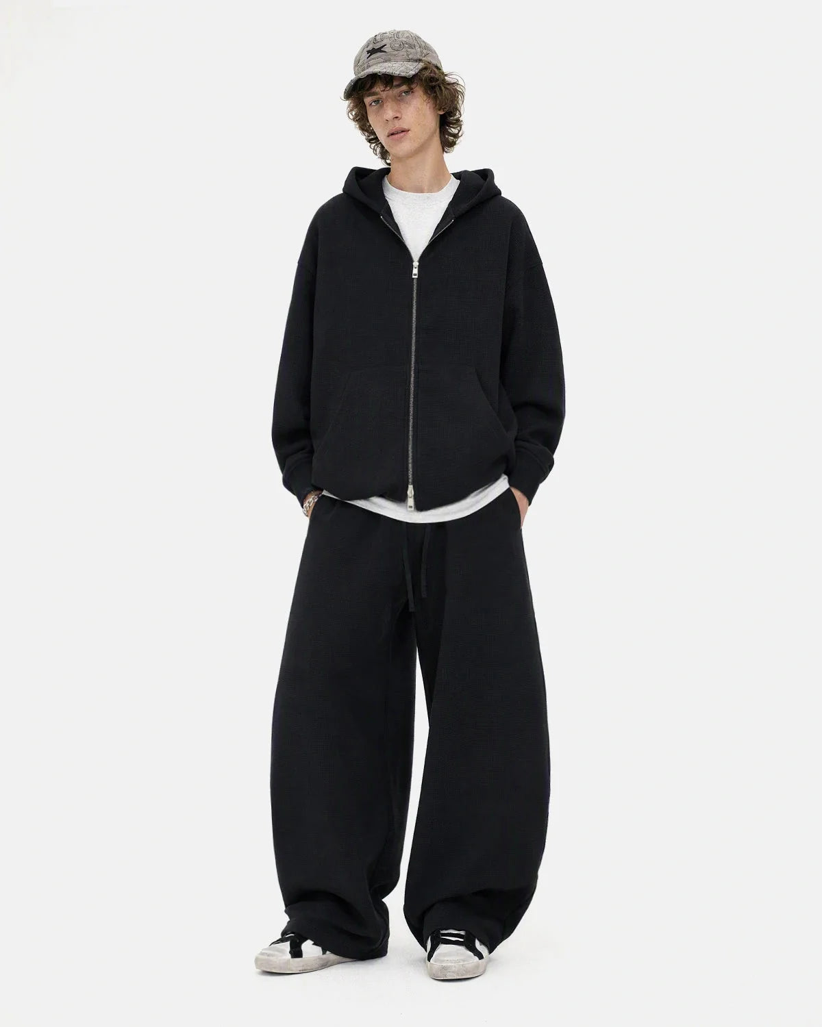 Omygoods Waffle Knit Boxy Zip Up Hoodie