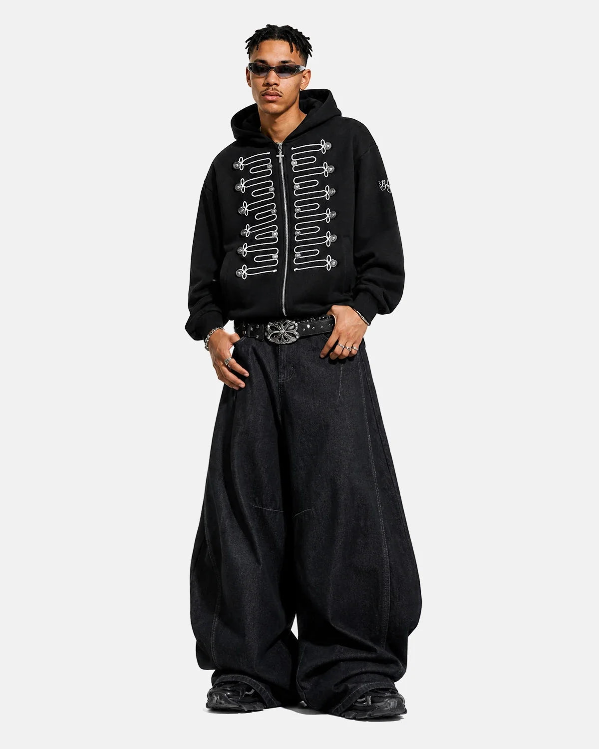 Omygoods Braided Embroidery Boxy Zip Up Hoodie