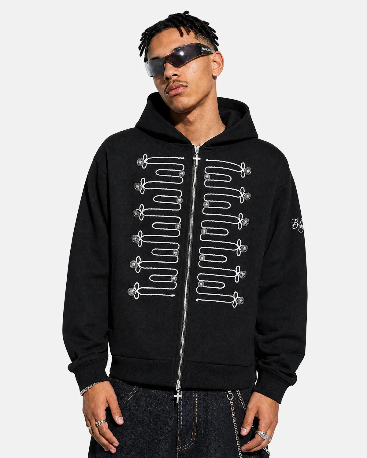 Omygoods Braided Embroidery Boxy Zip Up Hoodie