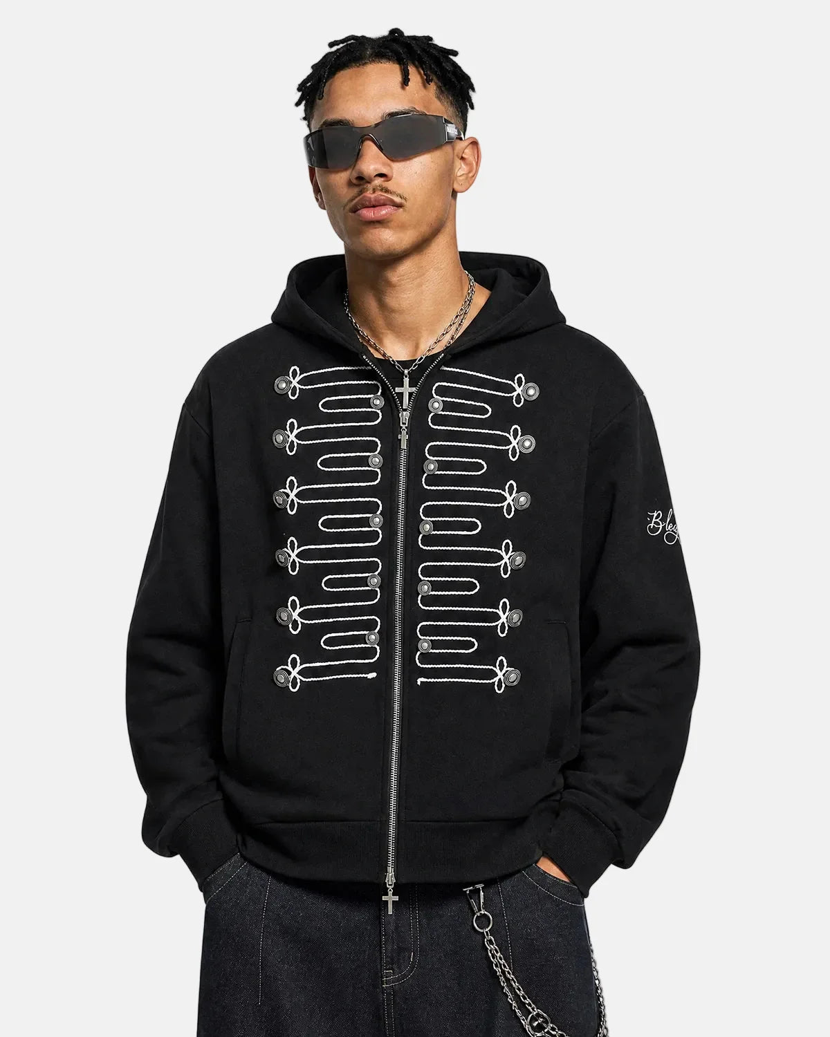 Omygoods Braided Embroidery Boxy Zip Up Hoodie