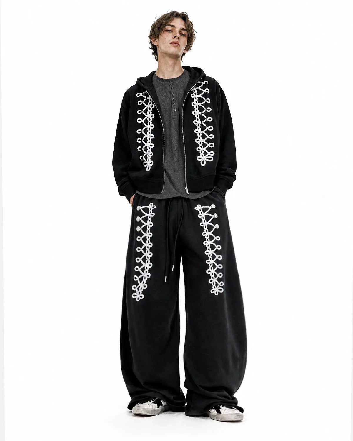Omygoods Braided Trim Boxy Zip Up Hoodie