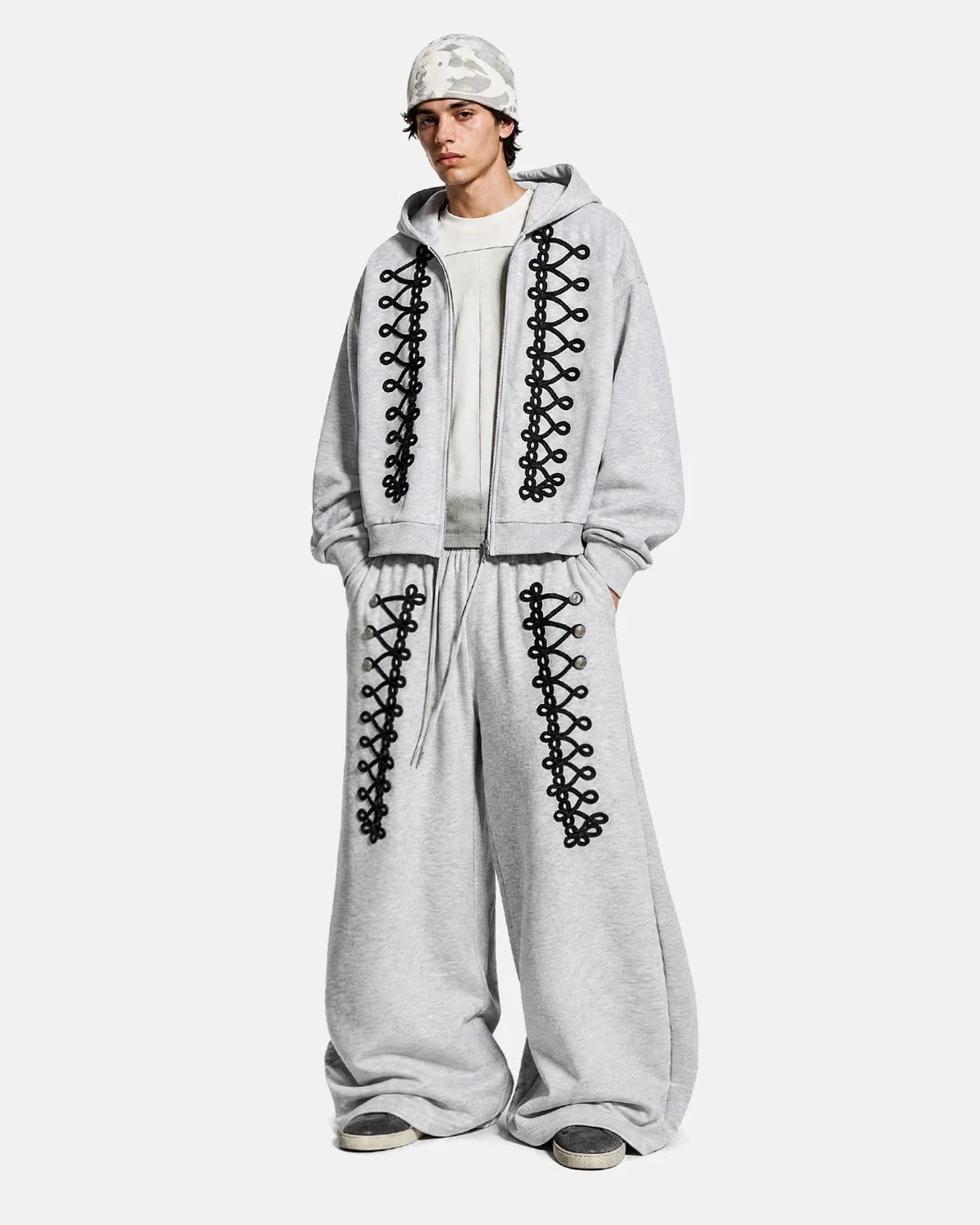Omygoods Braided Trim Boxy Zip Up Hoodie
