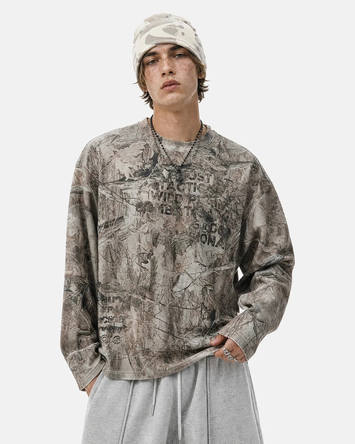 Omygoods Branch Camo Waffle Long Sleeve T-Shirt