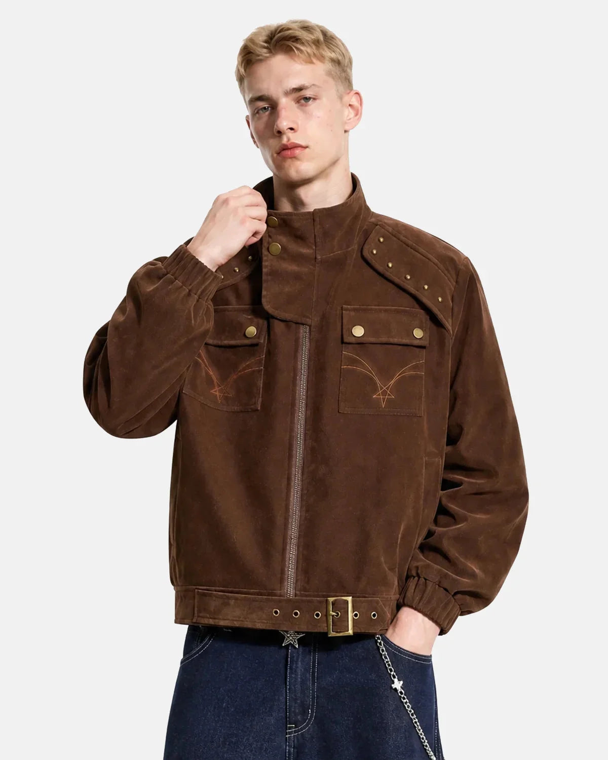 Omygoods Buckle Hem Suede Bomber Jacket