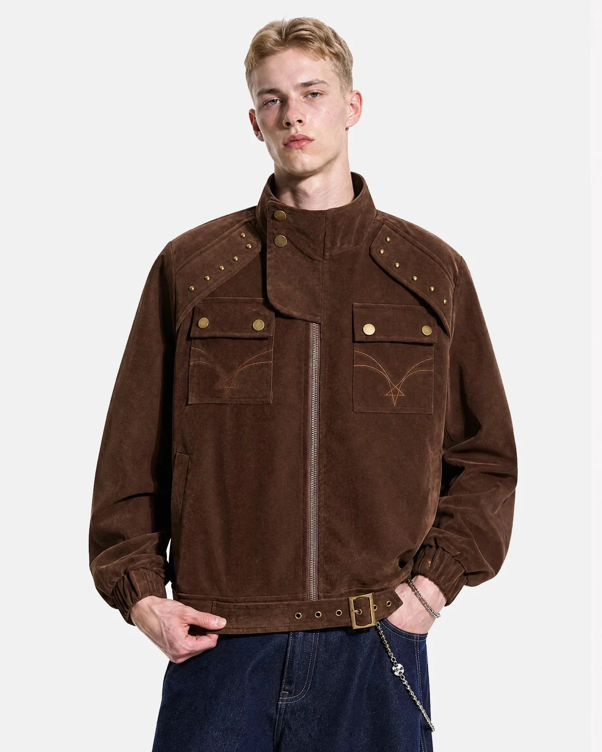 Omygoods Buckle Hem Suede Bomber Jacket