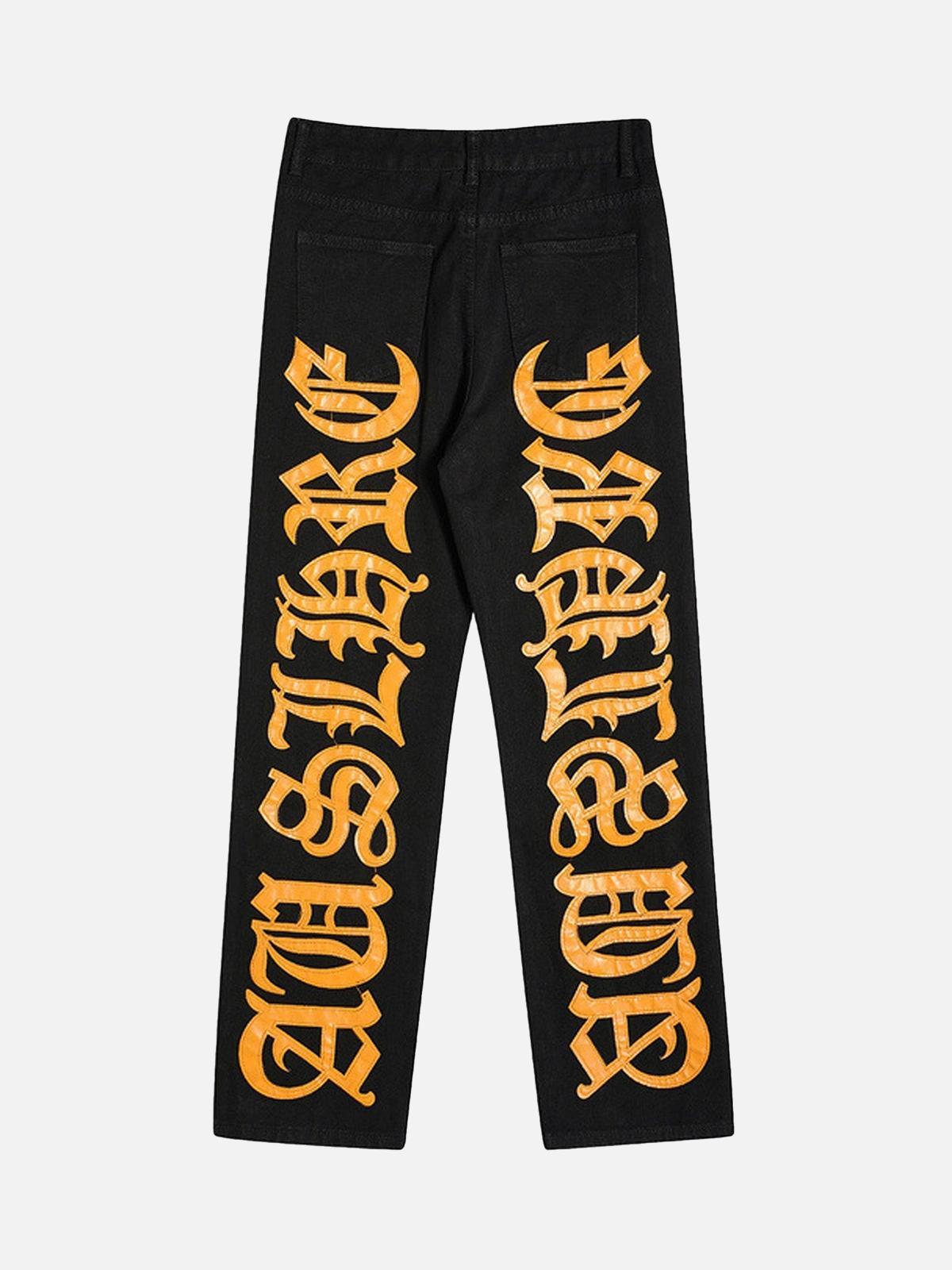 Omygoods Burning Text Embroidered Letters Jeans