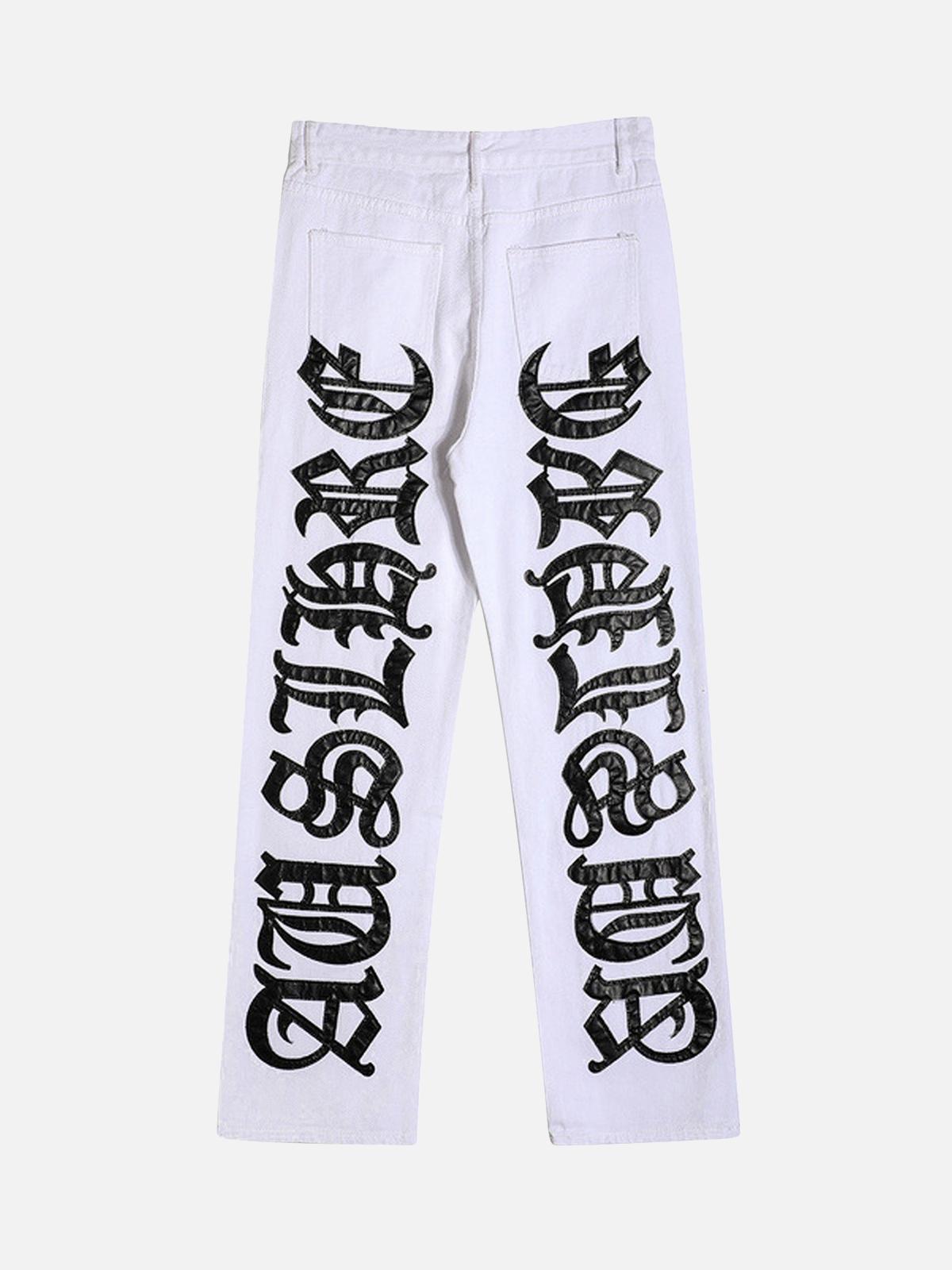 Omygoods Burning Text Embroidered Letters Jeans