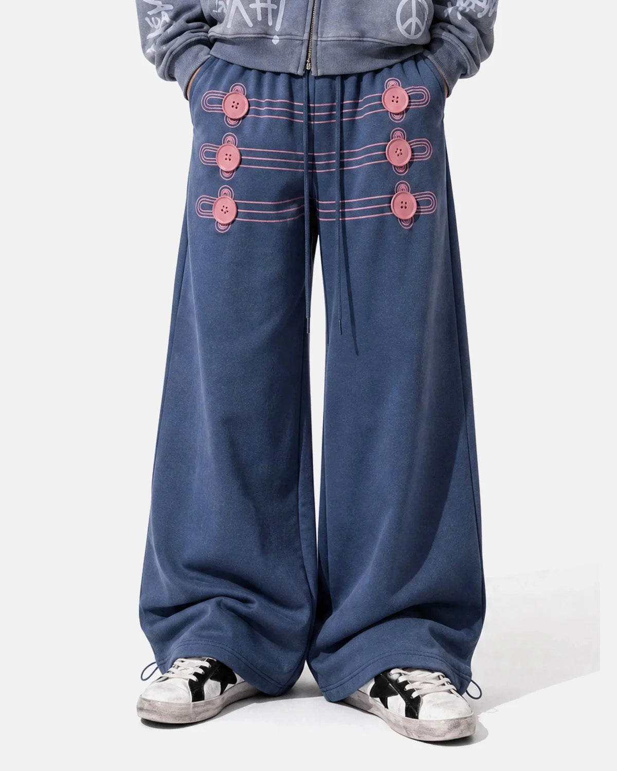 Omygoods Button Detail Wide-Leg Sweatpants